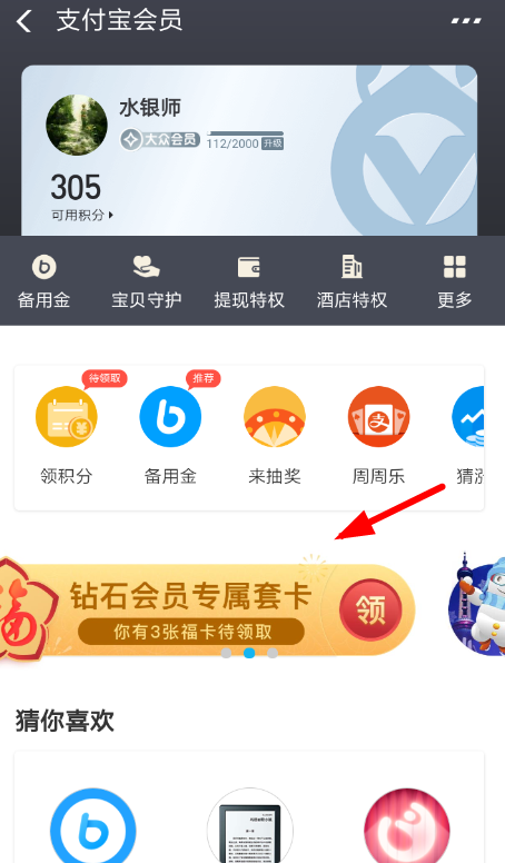 支付寶鉆石會(huì)員領(lǐng)取專屬套卡的基礎(chǔ)操作