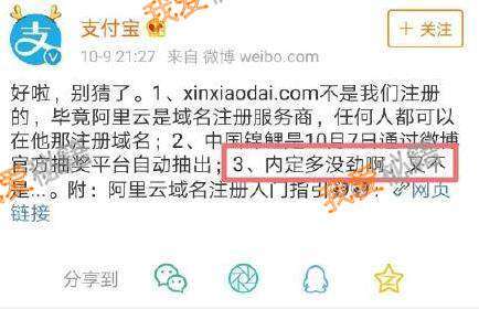 支付寶中國錦鯉內定是真的嗎？信小呆的域名是阿里注冊的嗎？